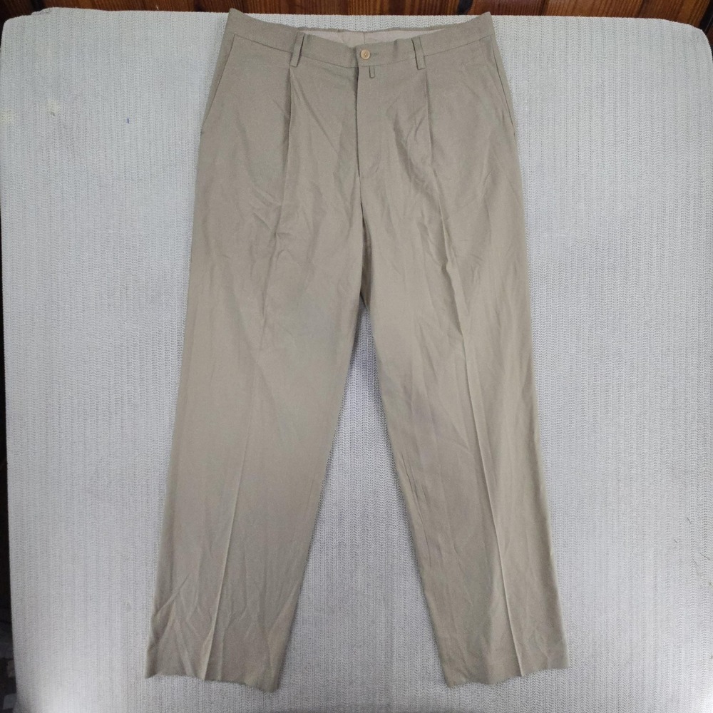 Nautica Pants Mens 34x32 Beige Rigger Classic Fit Pleated Stretch Chino Casual